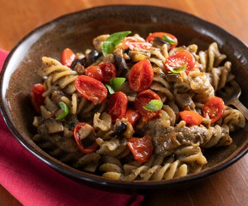 Pasta with eggplant cream and cherry tomatoes