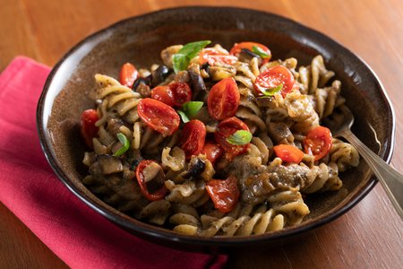 Pasta with eggplant cream and cherry tomatoes