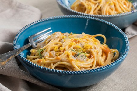 Spaghetti with Sea Urchins and Marinated Mantis Shrimp