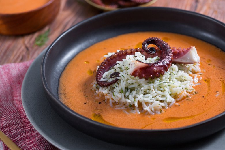 Bell Pepper Gazpacho with Basmati and Octopus