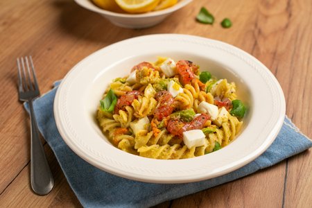 Pasta with zucchini pesto, shrimp, and mozzarella