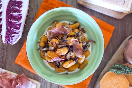Sweet potato gnocchi with radicchio and speck
