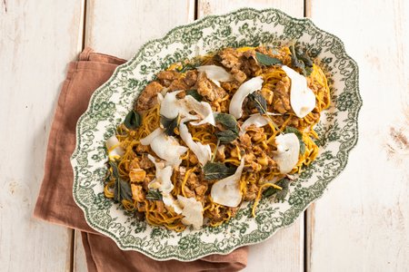 Tagliolini with rabbit ragu and mushrooms