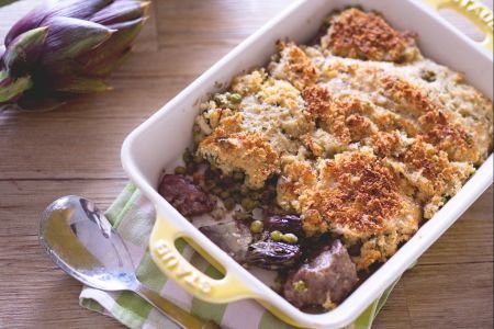 Gratinated Lamb with Artichokes and Peas
