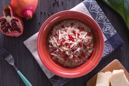 Pomegranate Risotto with Leek Cream