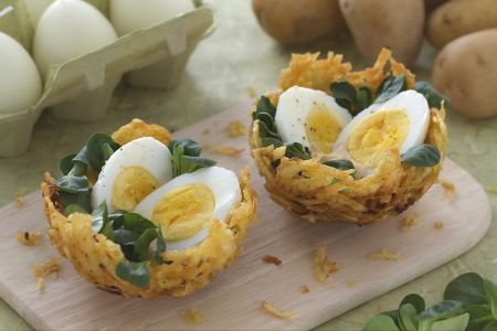 Potato nests with eggs