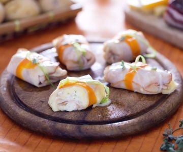 Turkey rolls with potatoes, ricotta, and bacon