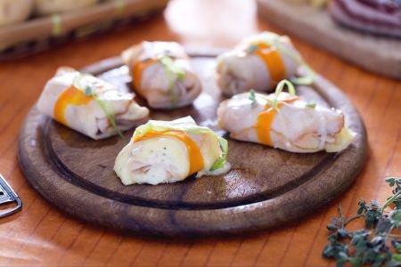 Turkey rolls with potatoes, ricotta, and bacon