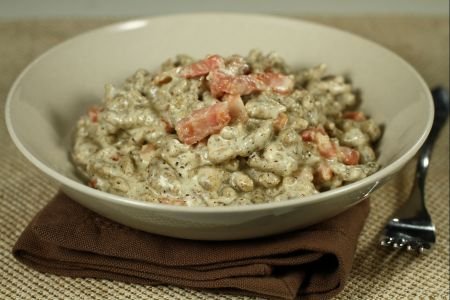 Buckwheat spatzle with cream and bacon