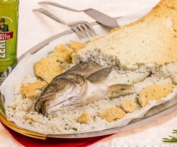 Sea bass in a crust of salt, herbs, and beer