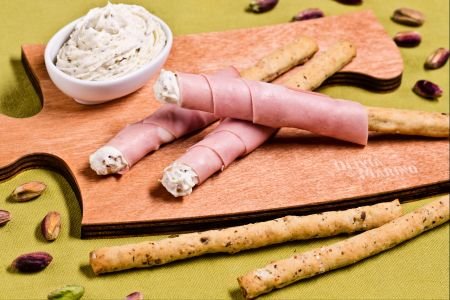 Olive breadsticks wrapped in mortadella and robiola