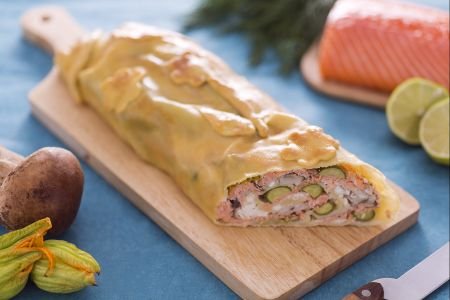 Salmon, Porcini, and Zucchini Flowers Strudel