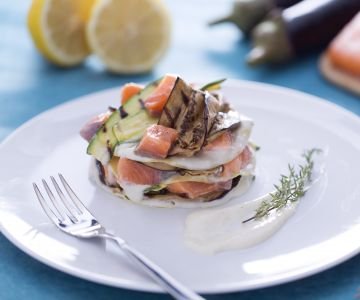 Open lasagna with salmon, grilled zucchini, and eggplants
