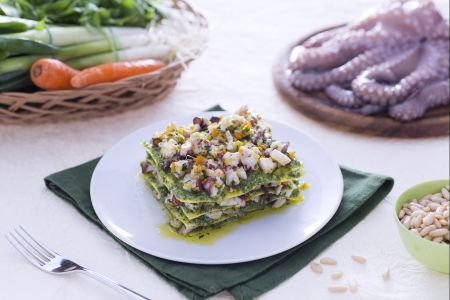 Green lasagna with arugula pesto and octopus ragout