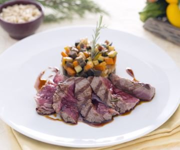 Sliced beef with teriyaki sauce reduction and caponata
