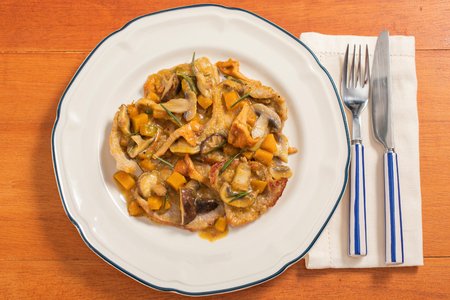 Veal scallopine with vin santo, pumpkin and mixed mushrooms