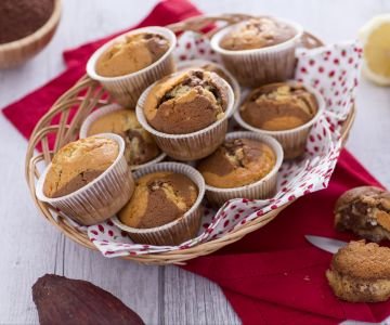Marbled cocoa muffins with white chocolate chips