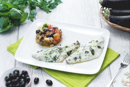 Sea bream with herbs and caponata