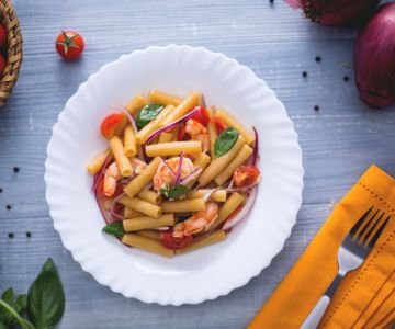 Sedani rigati with Catalan-style shrimp