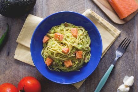Spaghetti with Guacamole and Crispy Salmon