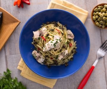 Pasta with tapenade and mackerel
