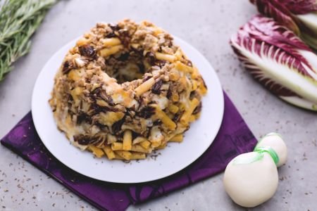 Radicchio, sausage, and smoked cheese timbale