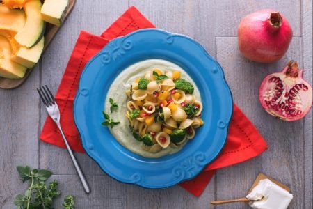 Orecchiette with broccoli cream, pumpkin, and pomegranate