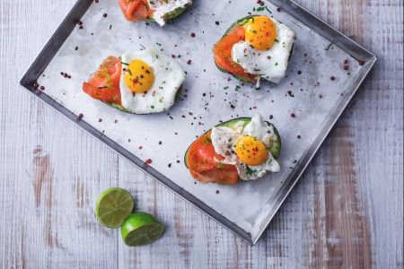 Avocado, eggs, and salmon