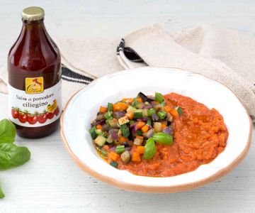 Tomato and Bread Soup with Spring Vegetables