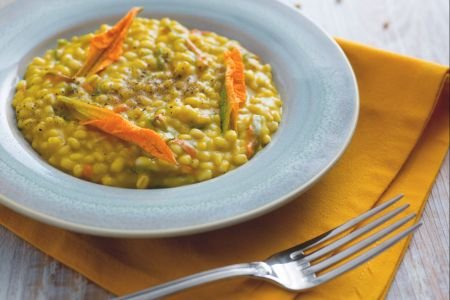 Barley risotto with zucchini flower cream