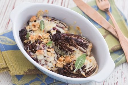 Gratinated radicchio, hazelnuts, and scamorza salad