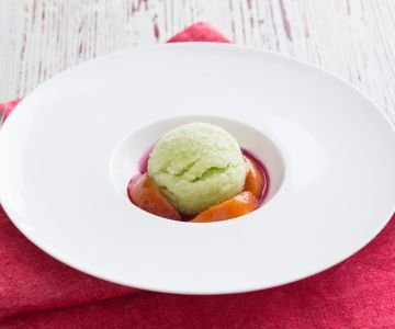 Lemon and basil granita with caramelized peaches