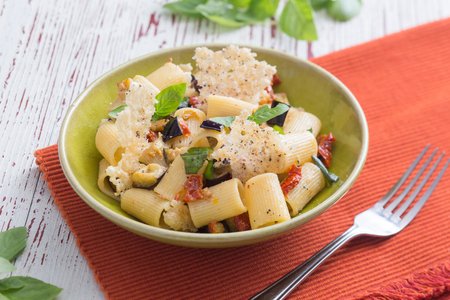 Pasta with Eggplants and Grana Padano Wafers