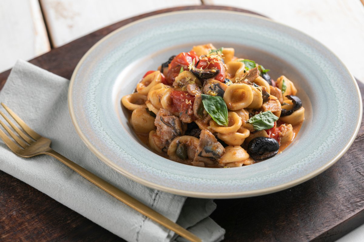 Orecchiette with sardines and cherry tomatoes