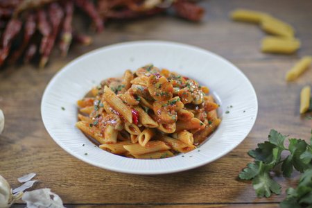 Penne arrabbiata with champignon mushrooms