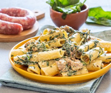 Rigatoni with spinach, sausage, and robiola