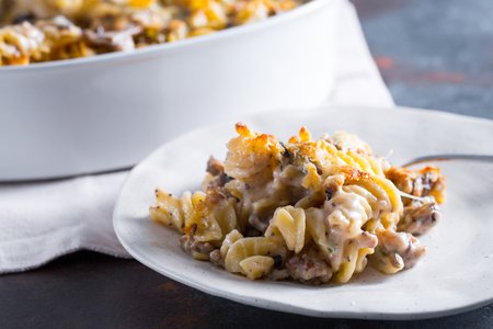 Baked pasta with mushrooms and sausage