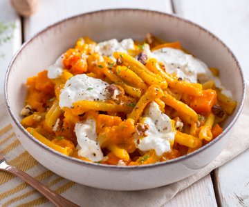 Casarecce with pumpkin, walnuts, and burrata