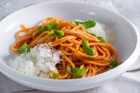 Spaghetti Parmesan with Tomato Coulis