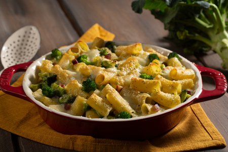 Baked pasta with broccoli and bacon