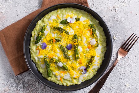 Risotto with Asparagus Cream and Yolk Crumbs