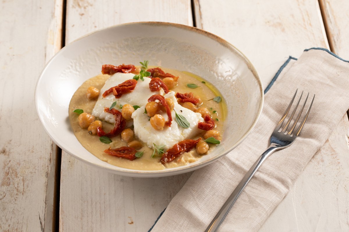 Confit cod on chickpea cream