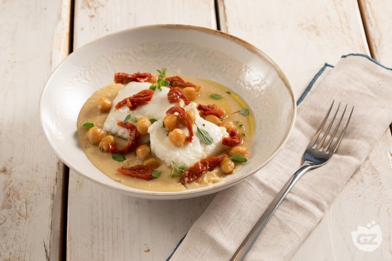 Confit cod on chickpea cream