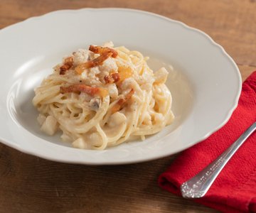 Tonnarelli alla gricia with cod