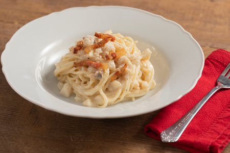 Tonnarelli alla gricia with cod