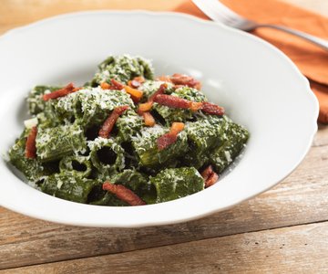 Pasta with Black Cabbage Cream, Guanciale, and Pecorino