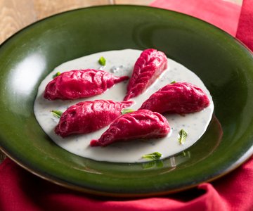 Beetroot Culurgiones with Potatoes and Blue Cheese Sauce