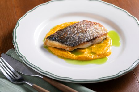 Seared sea bream on carrot cream