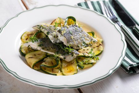 Steamed Sea Bass with Marinated Zucchini