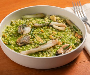 Fregola with seafood and samphire